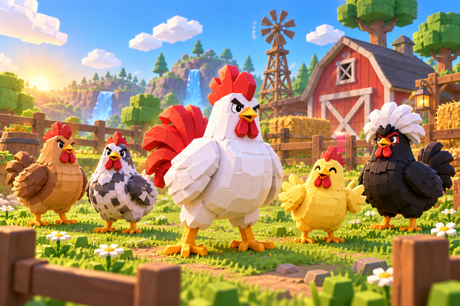 A colorful lineup of blocky chickens arranged for a field guide