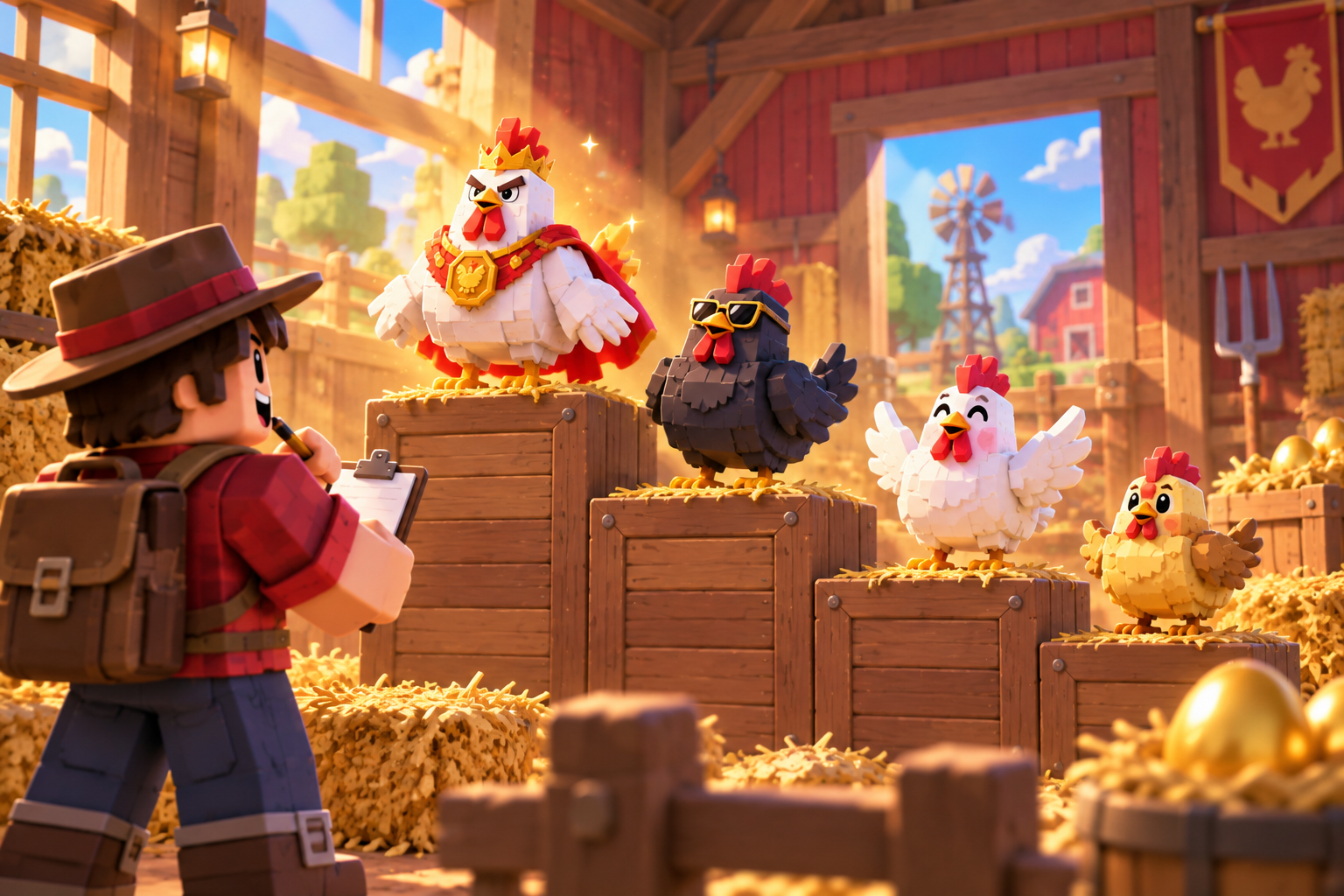 A blocky farm analyst ranks chicken evidence on a field clipboard