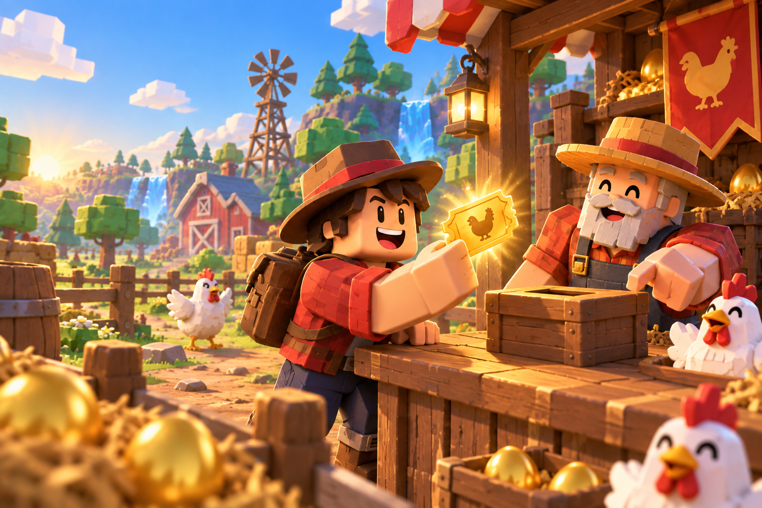 A blocky farm merchant examines a glowing redemption ticket