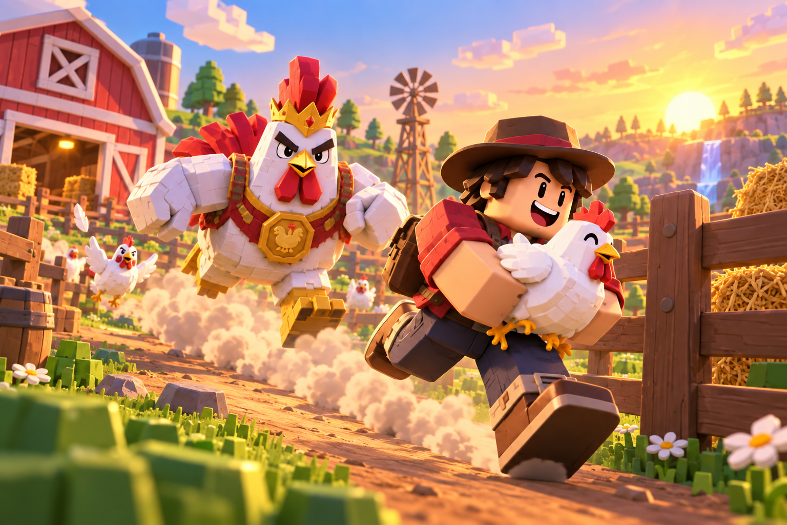 A blocky player escapes the rooster guard with a stolen chicken