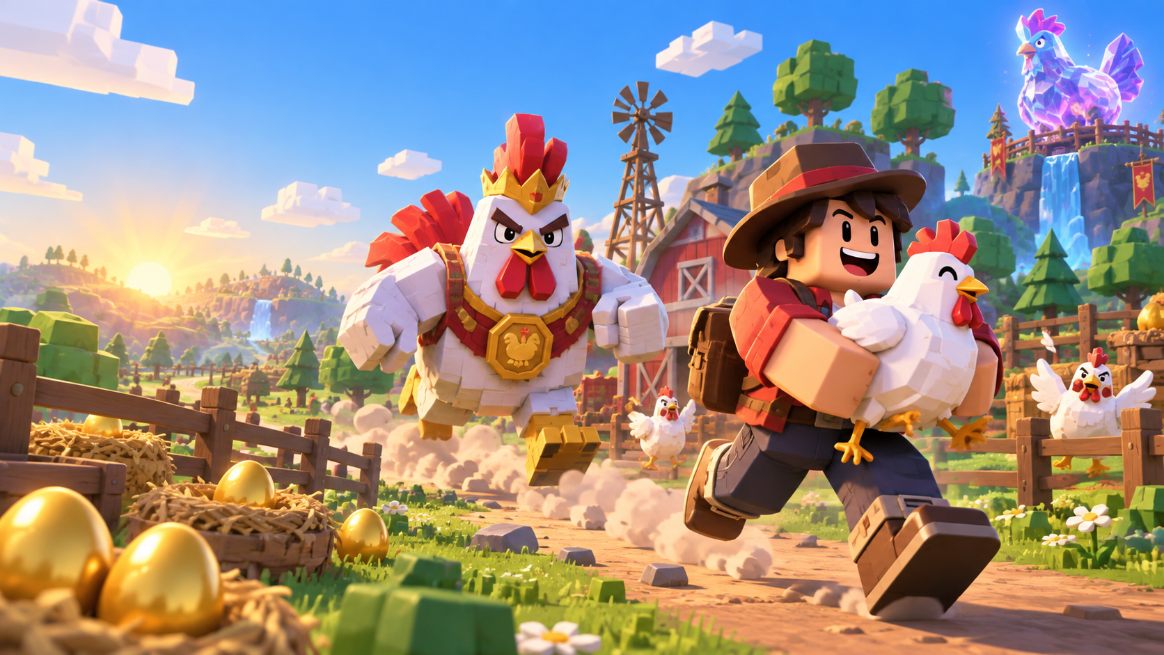 A blocky adventurer carries a chicken while escaping a giant rooster guard across a bright farm
